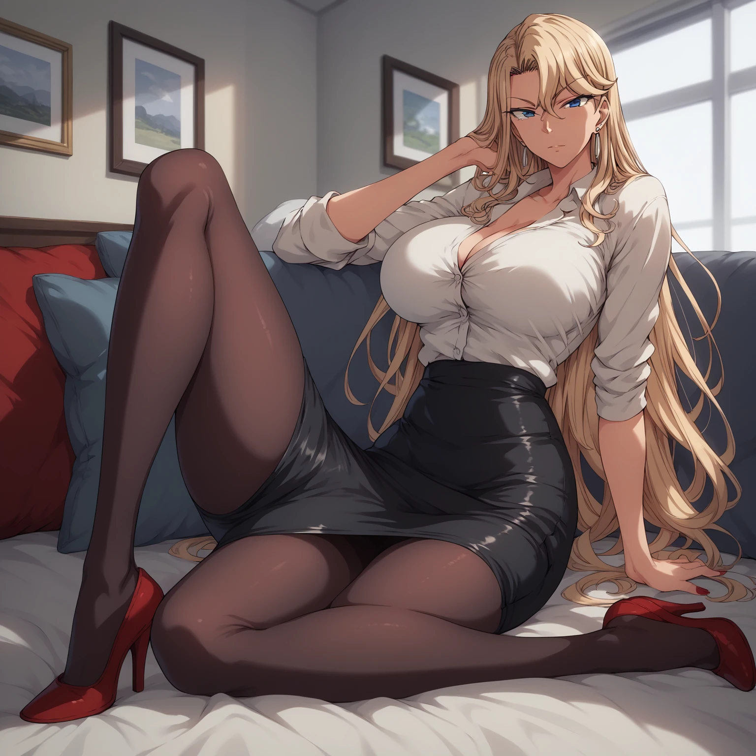 solo, ReikaKurashiki,1girl,blonde hair,long hair,blue eyes,earrings, large breasts, indoors, full body, looking at viewer, ((wearing red colored pencil skirt, wearing black pantyhose, wearing red colored closed buttoned office jacket with white undershirt, wearing red high heels)), laying in office couch, in personal office, sunset lighting,