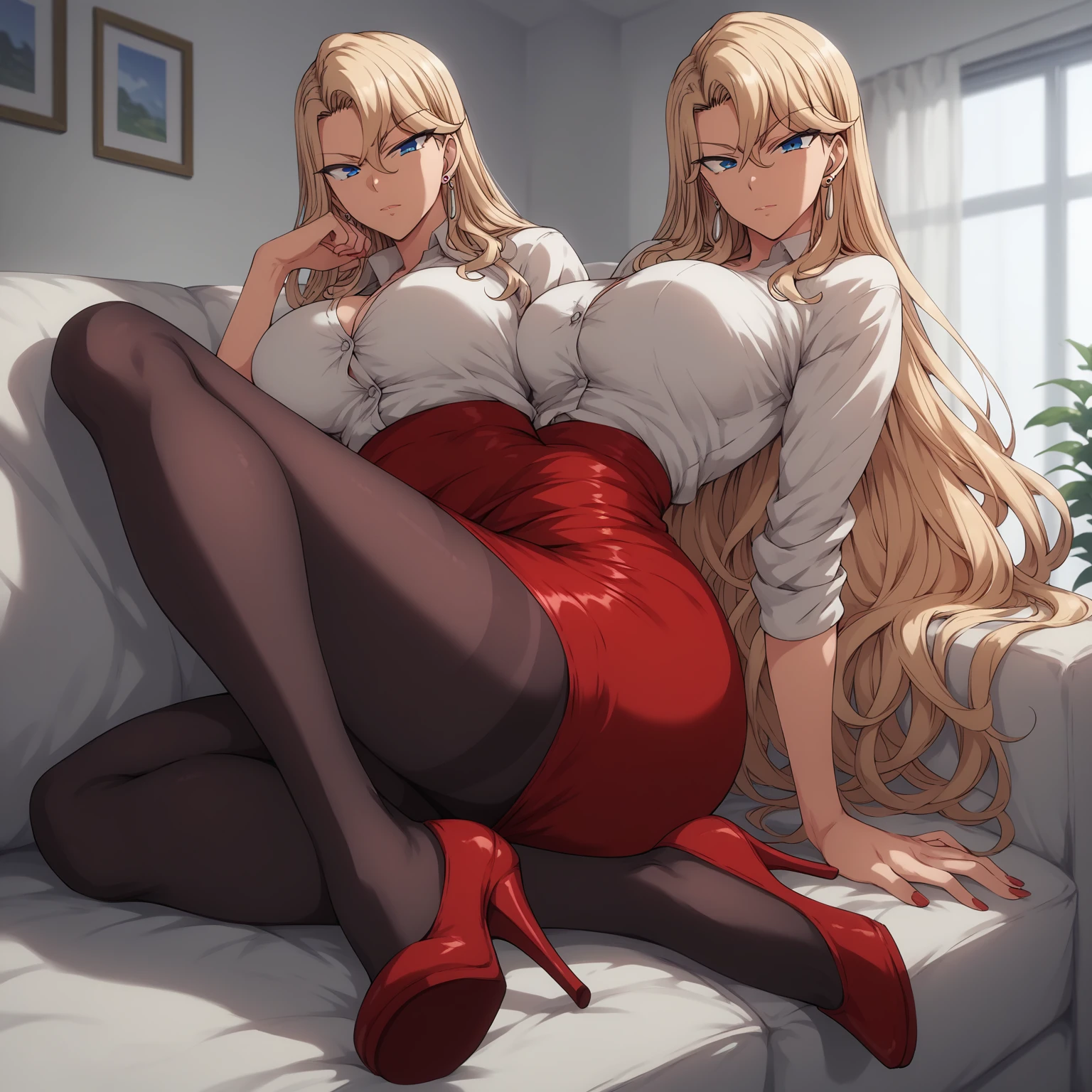 solo, ReikaKurashiki,1girl,blonde hair,long hair,blue eyes,earrings, large breasts, indoors, full body, looking at viewer, ((wearing red colored pencil skirt, wearing black pantyhose, wearing red colored closed buttoned office jacket with white undershirt, wearing red high heels)), laying in office couch, in personal office, sunset lighting,