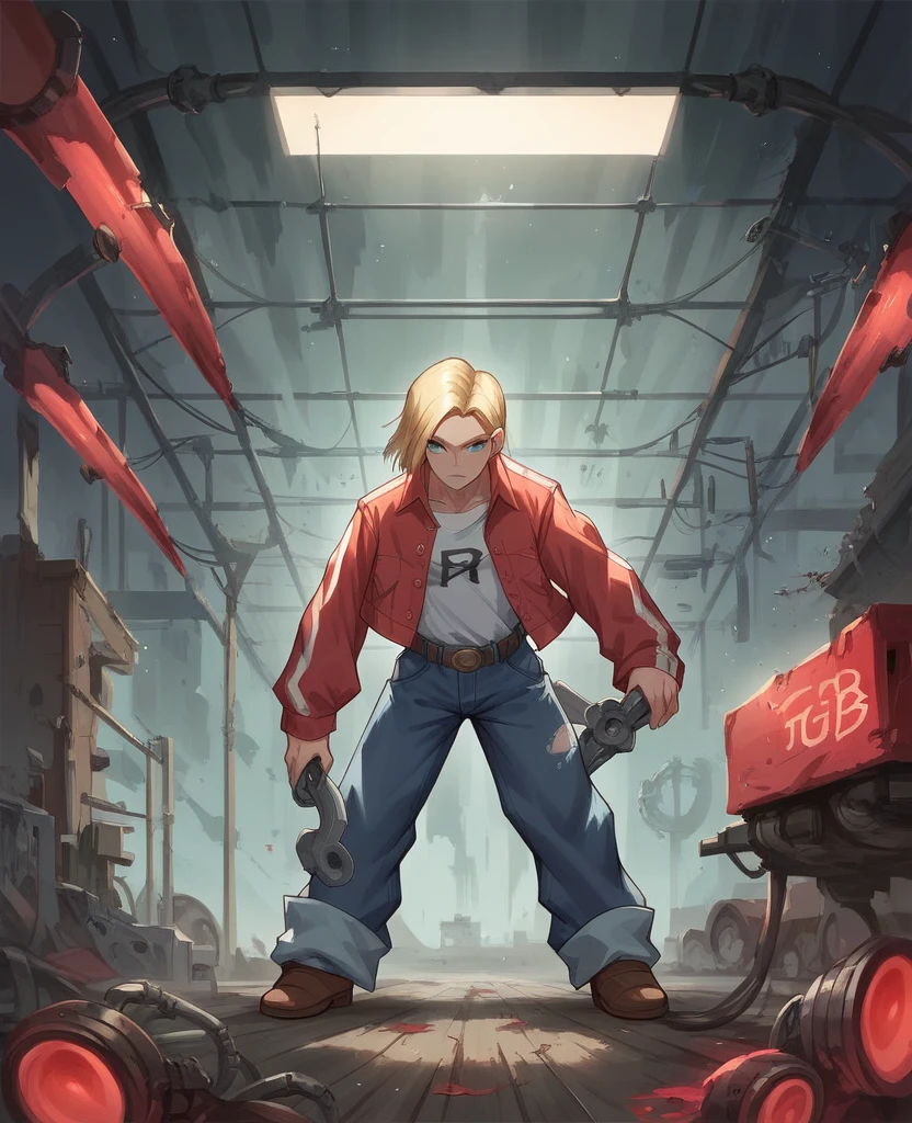 Anime-style illustration, Meliodas + Android 18 girl dbz with blak red oversized clothing, merging as a mechanic with robotic parts interspersed within his human form, dynamic pose wrench in hand, workshop background cluttered with machinery, oil stains, dimly lit with flickering fluorescent lights, high contrast shadows, vivid colors, intricate detailing of mechanical components, digital painting., Mysterious