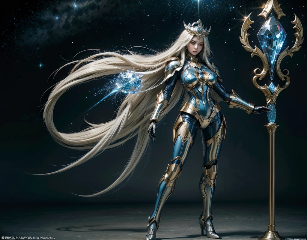 women attractive face beautiful full body, legs thick, hips. goddess with long white hair, ultra detailed eyes, on your head crown, wearing a blue suit of iron home style paladin powers, futurist. Armadura templária com detaileds de ouro, one in one hand holding a staff with large shining crystal at the tip of the staff, detaileds: 1.2) 4K Ultra HD, slr digital, soft lighting, high qualiy