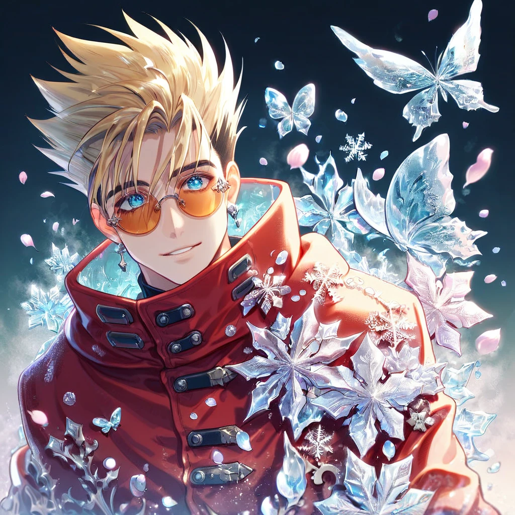 Ultra detailed, HDR, Highres, absurdres, master piece, Vash Stampede, blonde spiked hair, expressive blue eyes, amber round sunglasses, red trench coat, Trigun, handsome, ice glittering butterflies, ice, petals, ice pink glass flowers, glittering, fantasy, magical, snowflakes, cold, handsome smile, solo, 