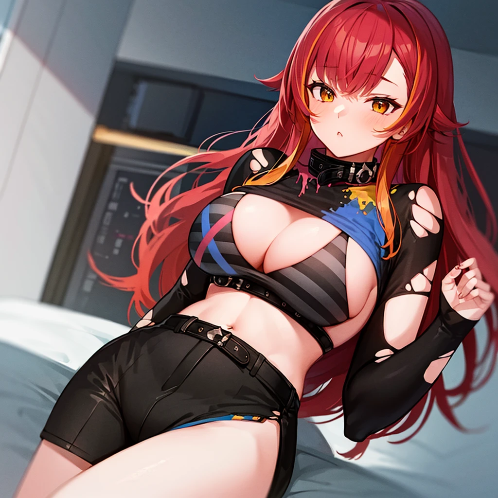 aatsuna, long hair, multicolored hair, large breasts, black collar, cleavage, striped bikini, black shirt, torn clothes, long sleeves, midriff, black belt, black shorts, short shorts