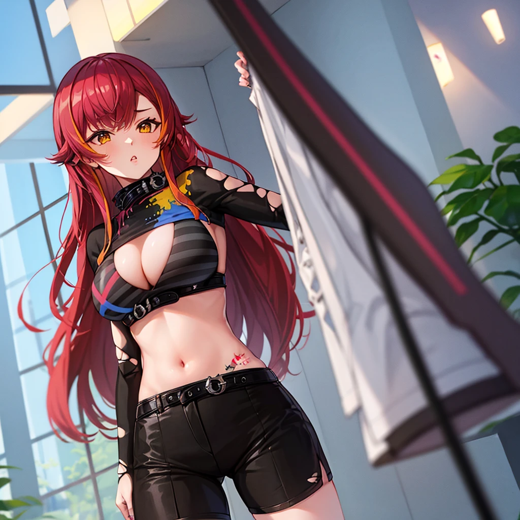 aatsuna, long hair, multicolored hair, large breasts, black collar, cleavage, striped bikini, black shirt, torn clothes, long sleeves, midriff, black belt, black shorts, short shorts