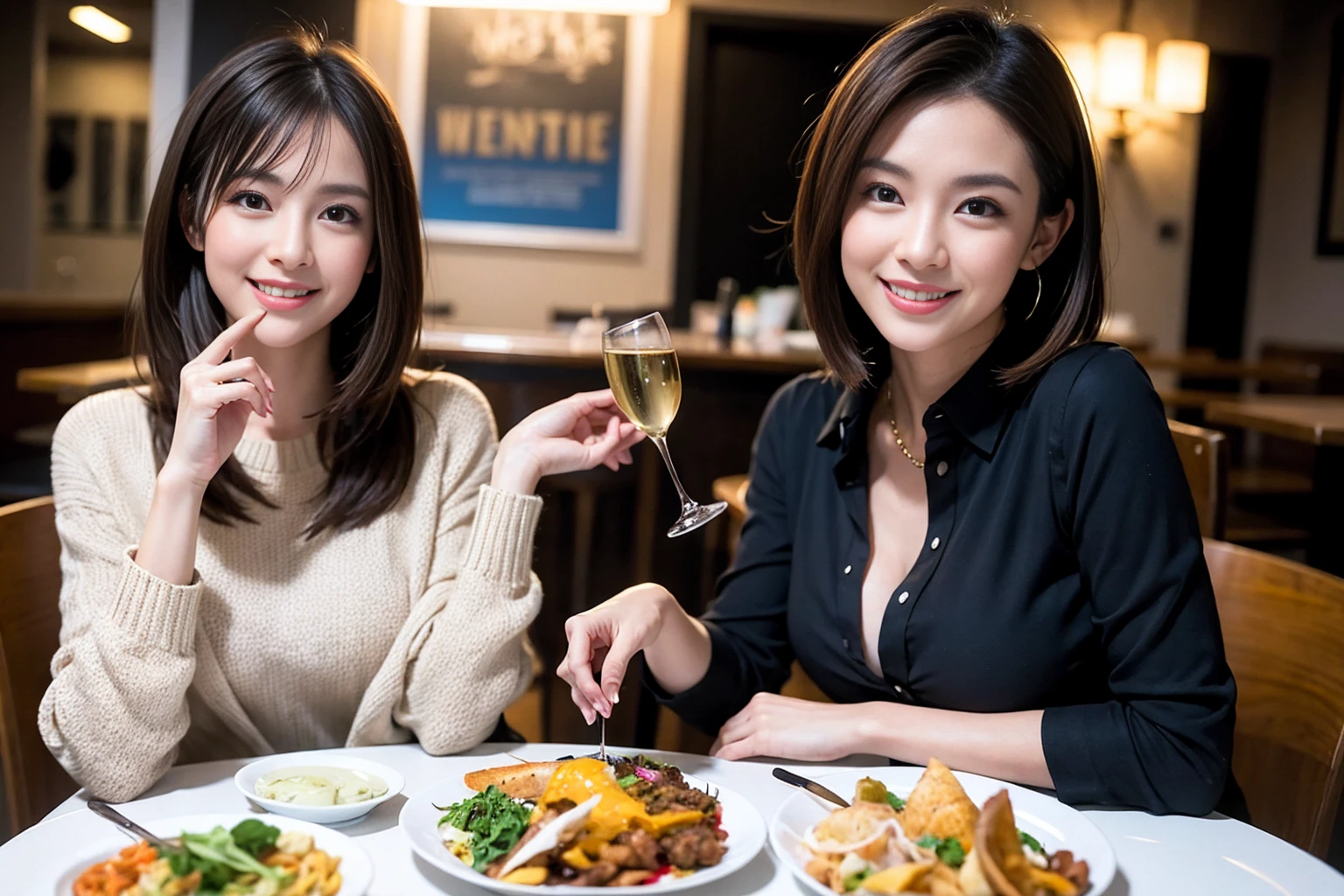 ((Highest quality、8k、masterpiece:1.3))、Shortcuts、cute、slimカップル、modelカップル、actress男優、(Realistic, Intricate details:1.2), full-course dinner、wine 、Amazing view of the sunset sky and clouds、A bright smile、short hair,Bright Face、 (45 years old), 42 years old, 赤wine 、Appetizers、Italian food、wine bottle、Champagne、スパークリングwine、Two beauties、Brown Hair、Shortcuts、Long sleeve shirt、dress、Beautiful woman 1, (slimな顔), (The body is slim), (Brown Hair), (Shortcuts), cheeks turn a little red,Attractive beauty、restaurant, In a prominent place (From the waist up) Nova Frog Style, actress, model, Upper Body, 白wine, slim, wineグラス, 中央に置かれたwineグラス, smile, (smile: 1.15), Beautiful fine grain, Depth f/2,saturation, High Contrast, Strong light and shadow,Moist Body:1.5、3D texture、Delicate eyes、Brown Hair、The hair is very shiny、
