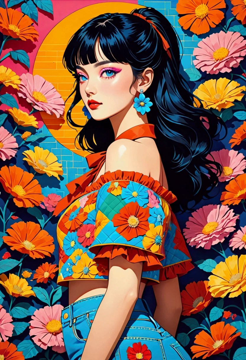 Featuring a dynamic and confident woman,She wears bold makeup,Wear colorful T-shirts, Bare shoulders, Ruffled sleeves, neck ribbon,Jewelry Earrings, Long hair, Looking at the audience, Bangs, Low rise denim shorts, Surrounded by vintage flower motifs, Vibrant brushstrokes, Self-deconstruction, Surreal Vaporwave Aesthetics, Threshold space, Negative Space,Pop Art, (Quilted Paper Art), Edge lighting、Octane Rendering、(Colorful background with geometric patterns), warm color,(Clear lines, HD,best quality, masterpiece, 4K ),