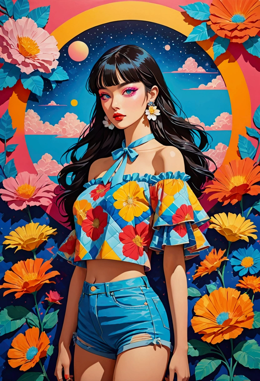 Featuring a dynamic and confident woman，She wears bold makeup，Wear colorful T-shirts, Bare shoulders, Ruffled sleeves, neck ribbon，Jewelry Earrings, Long hair, Looking at the audience, Bangs, Low rise denim shorts, Surrounded by vintage flower motifs, Vibrant brushstrokes, Self-deconstruction, Surreal Vaporwave Aesthetics, Threshold space, Negative Space，Pop Art, (Quilted Paper Art), Edge lighting、Octane Rendering、(Colorful background with geometric patterns), warm color,(Clear lines, HD,best quality, masterpiece, 4K ),