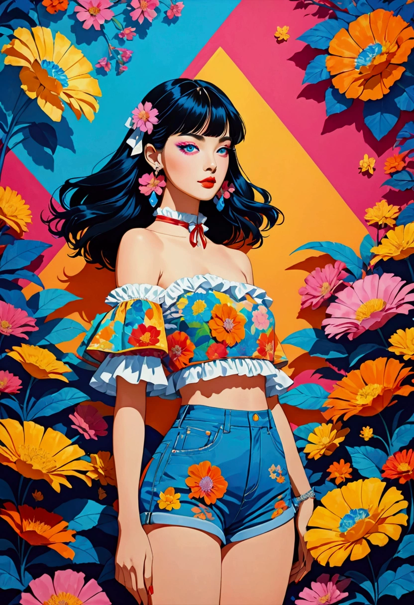 Featuring a dynamic and confident woman,She wears bold makeup,Wear colorful T-shirts, Bare shoulders, Ruffled sleeves, neck ribbon,Jewelry Earrings, Long hair, Looking at the audience, Bangs, Low rise denim shorts, Surrounded by vintage flower motifs, Vibrant brushstrokes, Self-deconstruction, Surreal Vaporwave Aesthetics, Threshold space, Negative Space,Pop Art, (Quilted Paper Art), Edge lighting、Octane Rendering、(Colorful background with geometric patterns), warm color,(Clear lines, HD,best quality, masterpiece, 4K ),