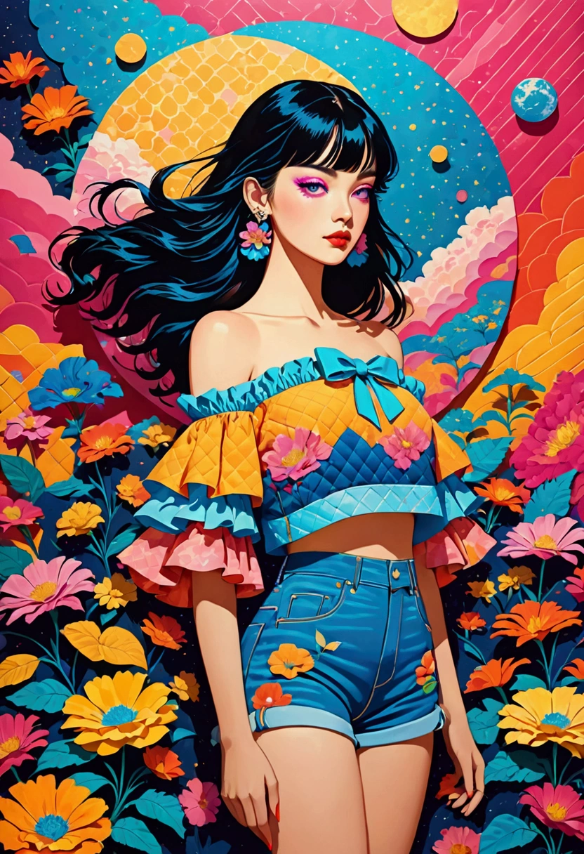 Featuring a dynamic and confident woman,She wears bold makeup,Wear colorful T-shirts, Bare shoulders, Ruffled sleeves, neck ribbon,Jewelry Earrings, Long hair, Looking at the audience, Bangs, Low rise denim shorts, Surrounded by vintage flower motifs, Vibrant brushstrokes, Self-deconstruction, Surreal Vaporwave Aesthetics, Threshold space, Negative Space,Pop Art, (Quilted Paper Art), Edge lighting、Octane Rendering、(Colorful background with geometric patterns), warm color,(Clear lines, HD,best quality, masterpiece, 4K ),