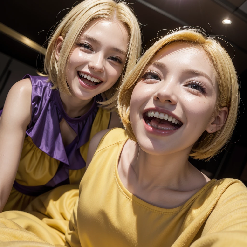 Woman, short yellow hair, purple eyes, yellow dress with whitr details, sharp teeth, laughing