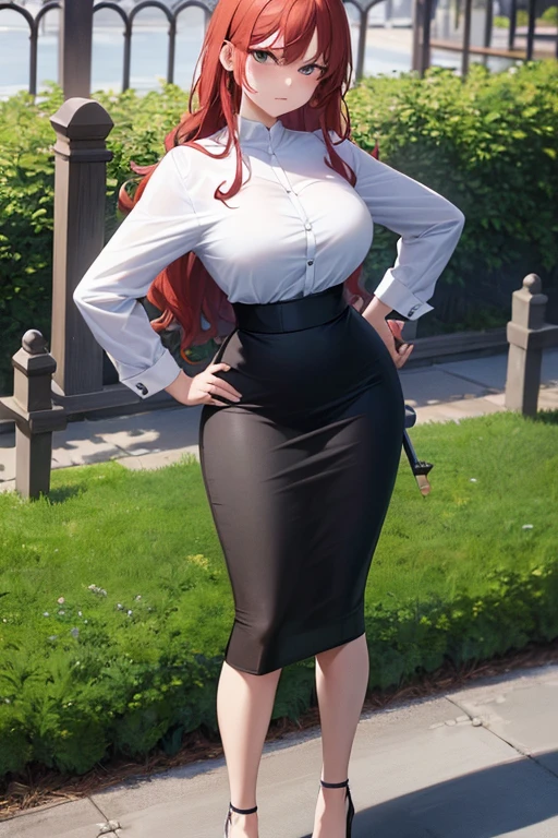 ((masterpiece, best quality)), highres, beautiful angry business woman looking at viewer, black midi pencil skirt, long pencil skirt, white blouse, heels, full body, large bust, wavy crimson hair, summer, backyard, fence, garden, hand on hip, hip swayed