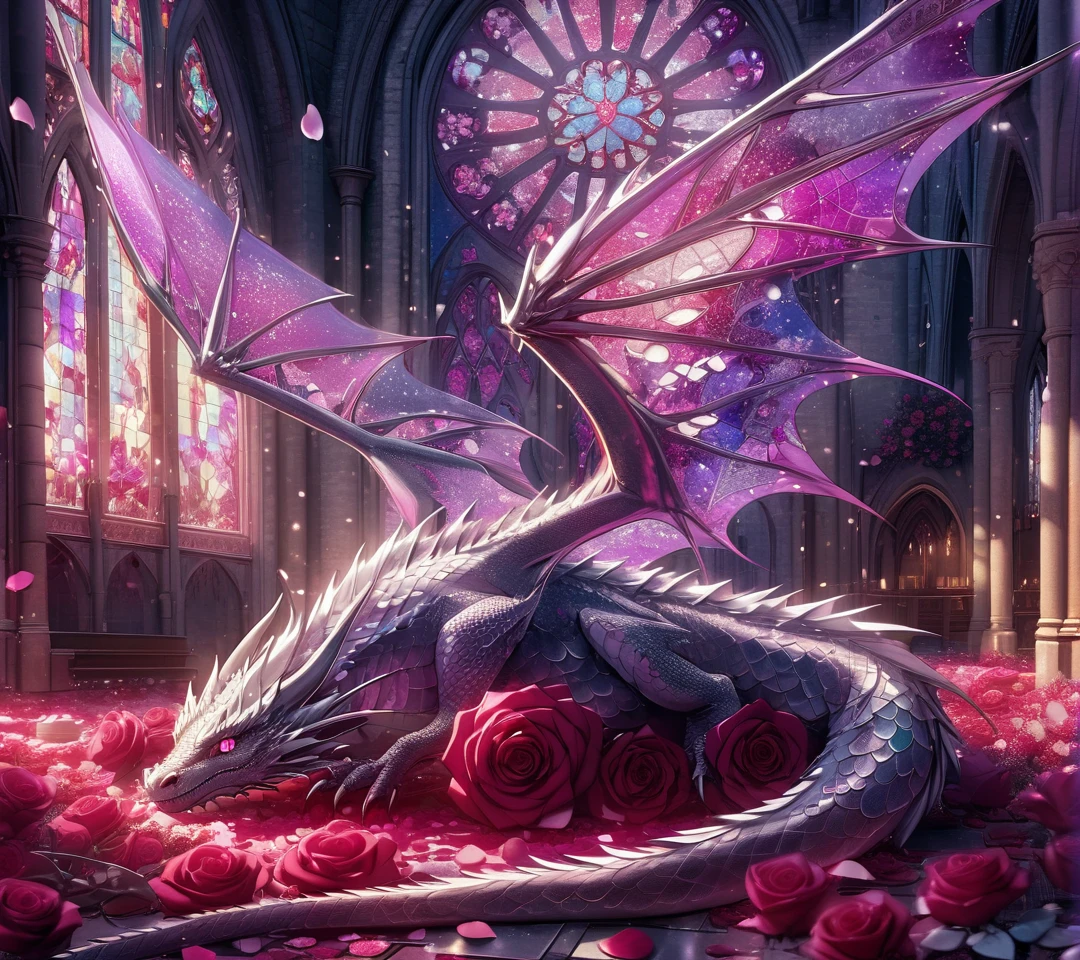 Ultra detailed  A beautiful dragon, slender and covered in silver-white scales, lies on red roses spread all over the floor. The wings are transparent like stained glass with Art Nouveau and Gothic style. Beautiful colors of purple, magenta and pink. Lively illustration. Cinematic lighting. Depth of field. Dramatic shading. Light particles. Petals. Ruined church. Very aesthetic art.