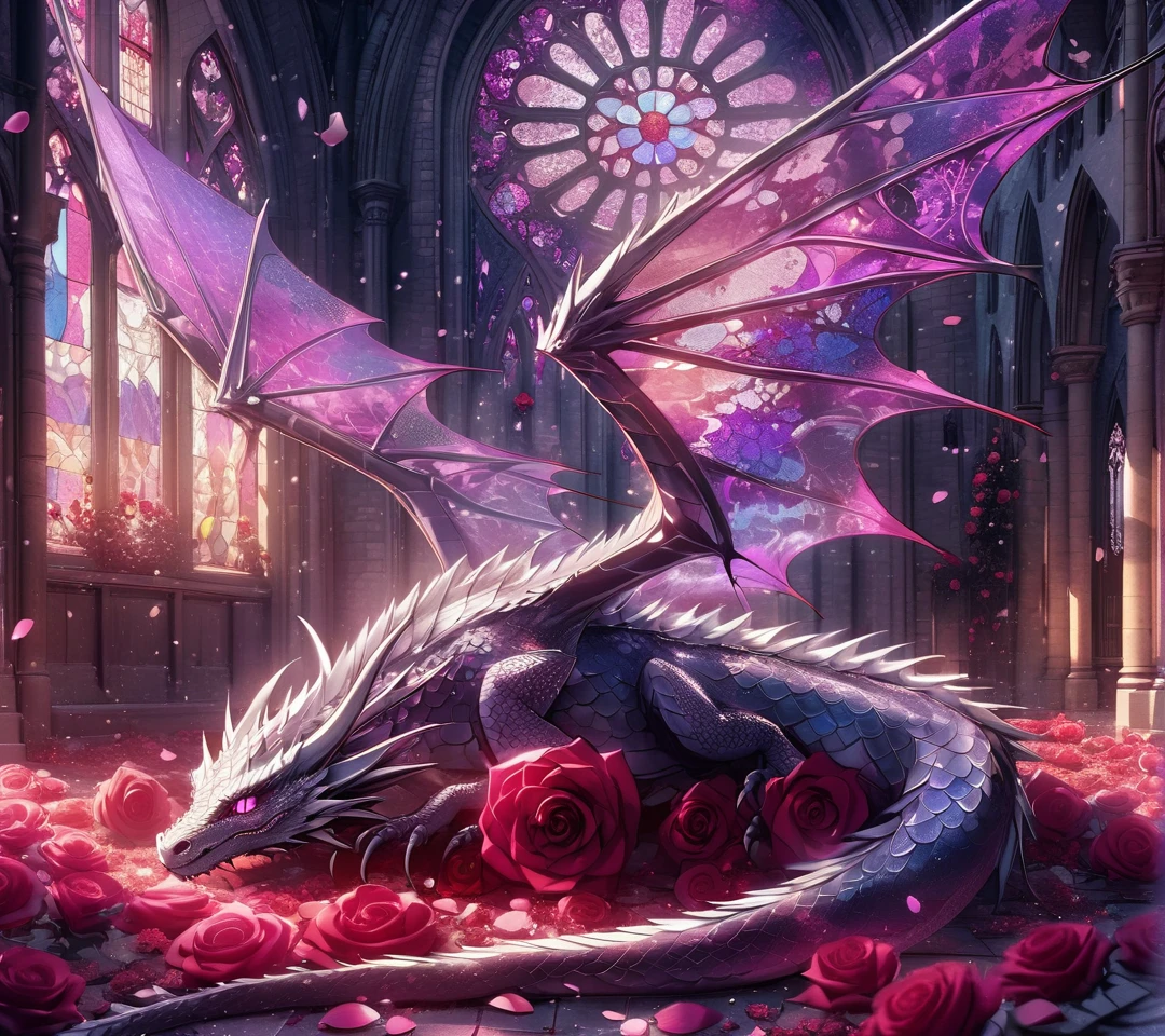 Ultra detailed A beautiful dragon, slender and covered in silver-white scales, lies on red roses spread all over the floor. The wings are transparent like stained glass with Art Nouveau and Gothic style. Beautiful colors of purple, magenta and pink. Lively illustration. Cinematic lighting. Depth of field. Dramatic shading. Light particles. Petals. Ruined church. Very aesthetic art.