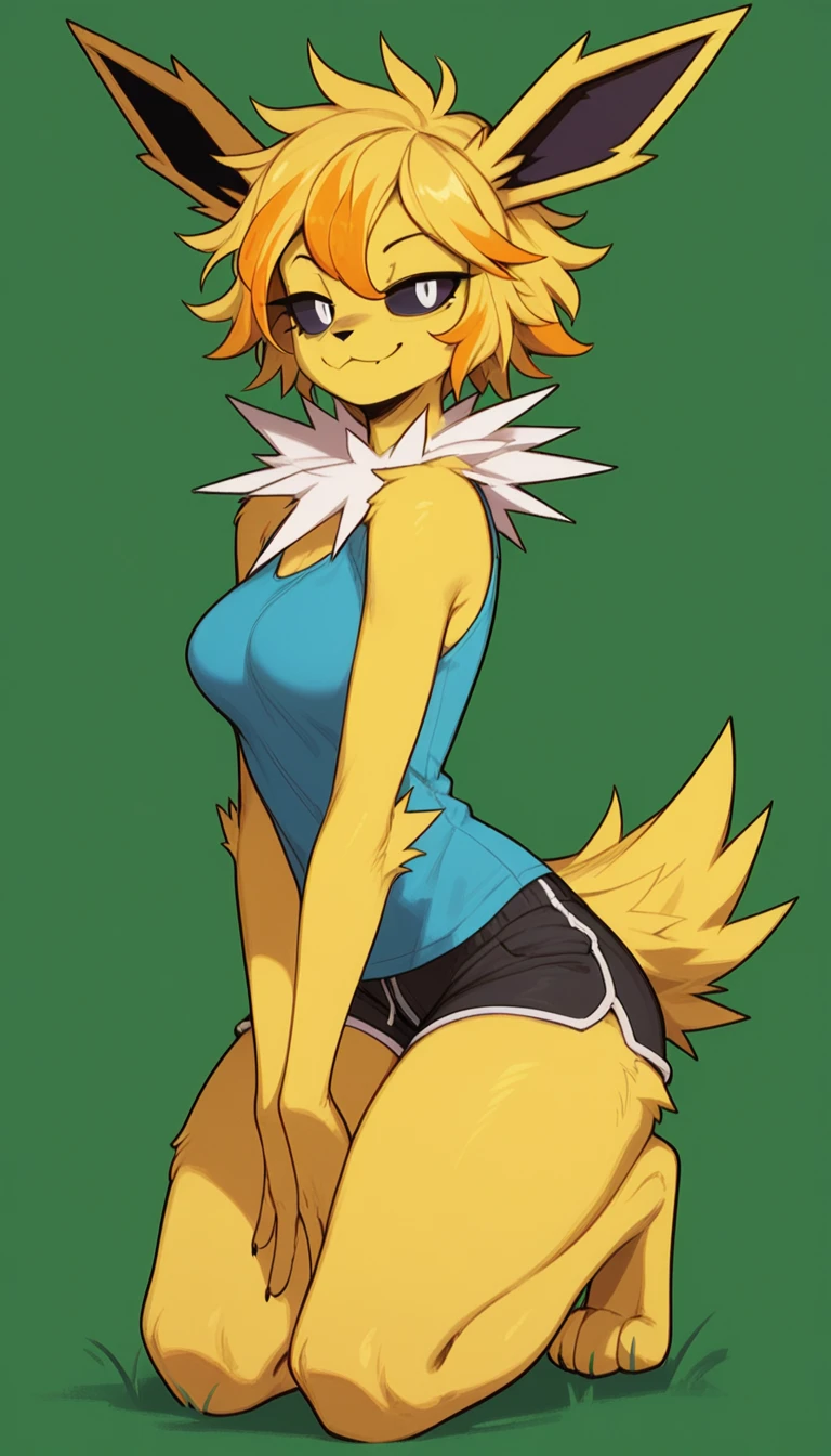 Seductive expression, 1girl, anthro, furry, fur, fluffy fur, jolteon girl, white neck tuft, yellow hair (Orange highlights), black sclera, white eyes, short hair, Messy hair, (19 years), medium breast, thicc thighs, solo, (green background), detailed, smug smile, blue sleeveless shirt, black shorts, half-closed eyes, full body, score_9, score_8_up, score_7_up, score_6_up, score_5_up, score_4_up