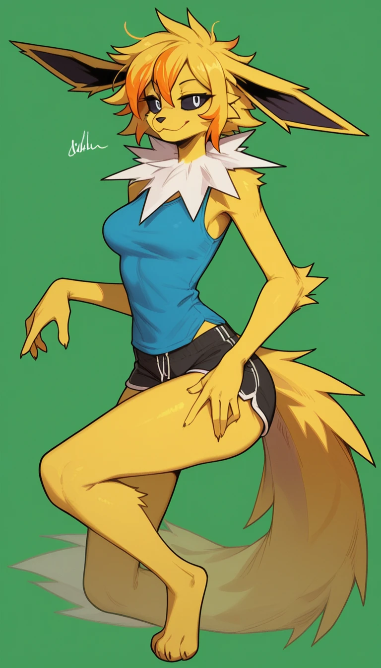 Seductive expression, 1girl, anthro, furry, fur, fluffy fur, jolteon girl, white neck tuft, yellow hair (Orange highlights), black sclera, white eyes, short hair, Messy hair, (19 years), medium breast, thicc thighs, solo, (green background), detailed, smug smile, blue sleeveless shirt, black shorts, half-closed eyes, full body, score_9, score_8_up, score_7_up, score_6_up, score_5_up, score_4_up