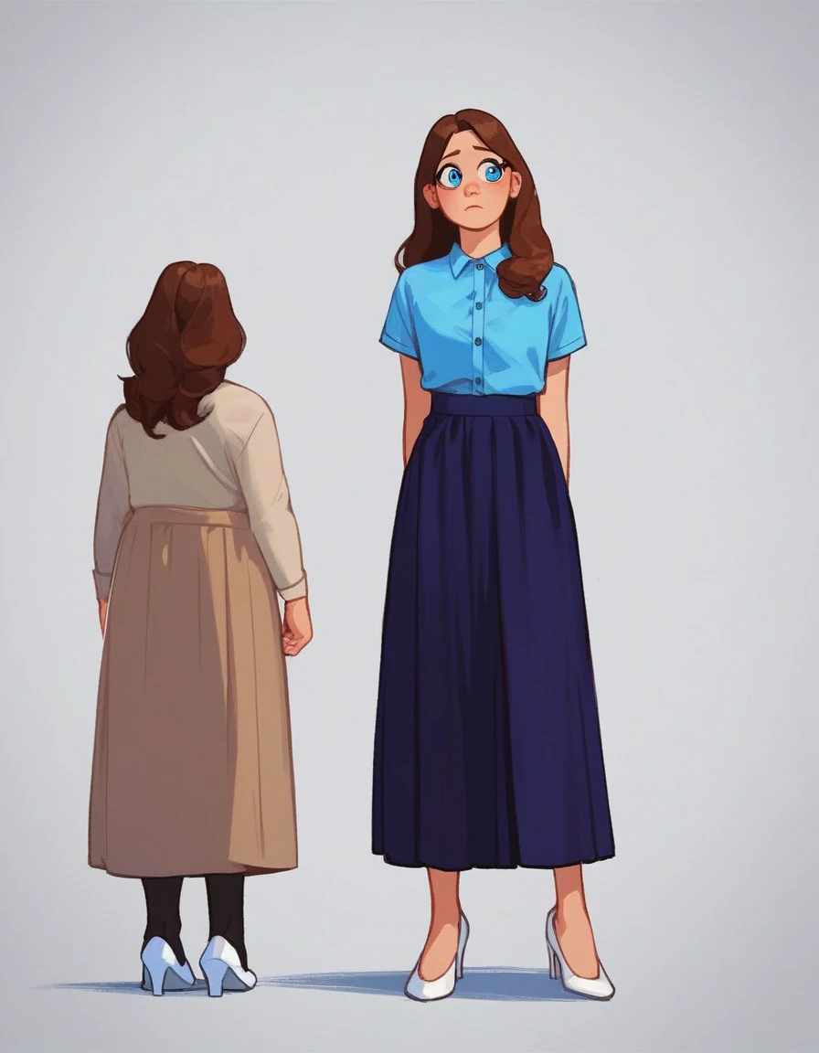 clarissa, 1girl, solo, long hair, worried expression, skirt, simple background, brown hair, blue button up shirt, standing, grey background, white footwear, white high heels, blue eyes, blue shirt, purple skirt, long skirt