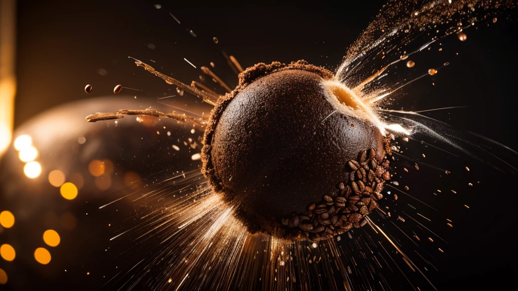 a coffee bean exploding in the air, coffee bean splash, transparent background, 4k, 8k, highres, masterpiece:1.2, ultra-detailed, realistic, photorealistic, photo-realistic:1.37, HDR, UHD, studio lighting, ultra-fine painting, sharp focus, physically-based rendering, extreme detail description, professional, vivid colors, bokeh, product photography