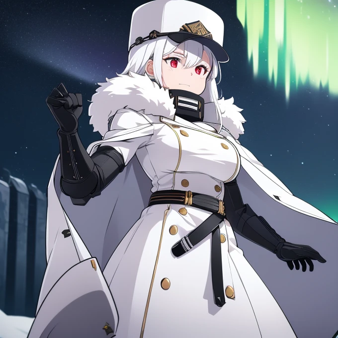 A woman wearing a white military uniform, white military hat, in the city of Moscow with the Northern Lights in the night sky, mechanical gauntlets, white hair and red eyes.
