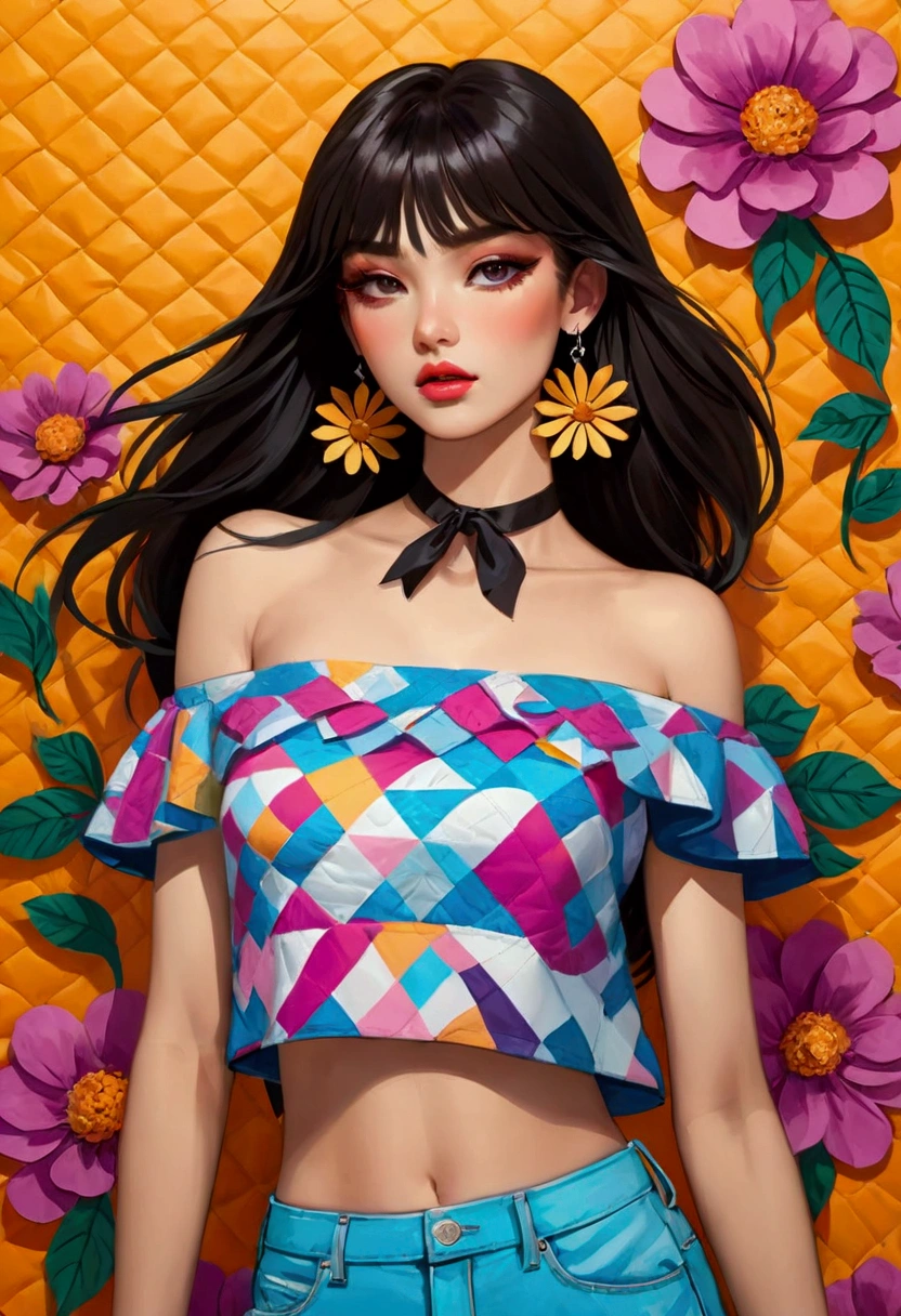 Featuring a dynamic and confident woman,She wears bold makeup,Wear colorful T-shirts, Bare shoulders, Ruffled sleeves, neck ribbon,Jewelry Earrings, Long hair, Looking at the audience, Bangs, Low rise denim shorts, Surrounded by vintage flower motifs, Vibrant brushstrokes, Self-deconstruction, Surreal Vaporwave Aesthetics, Threshold space, Negative Space,Pop Art, (Quilted Paper Art), Edge lighting、Octane Rendering、(Colorful background with geometric patterns), warm color,(Clear lines, HD,best quality, masterpiece, 4K ),