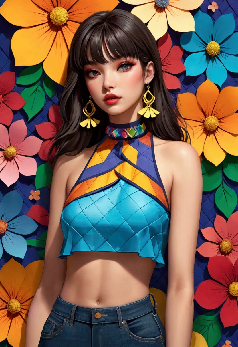Featuring a dynamic and confident woman,She wears bold makeup,Wear colorful T-shirts, Bare shoulders, Ruffled sleeves, neck ribbon,Jewelry Earrings, Long hair, Looking at the audience, Bangs, Low rise denim shorts, Surrounded by vintage flower motifs, Vibrant brushstrokes, Self-deconstruction, Surreal Vaporwave Aesthetics, Threshold space, Negative Space,Pop Art, (Quilted Paper Art), Edge lighting、Octane Rendering、(Colorful background with geometric patterns), warm color,(Clear lines, HD,best quality, masterpiece, 4K ),