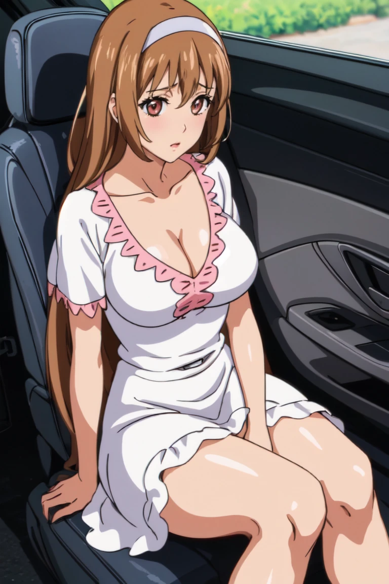 Ayumumo, One girl, alone, hair band, meanwhile, White Dress, Dress Lift, Sitting, blush, Lips parted, Cleavage, View your viewers, Inside the car, Seat belt digs in