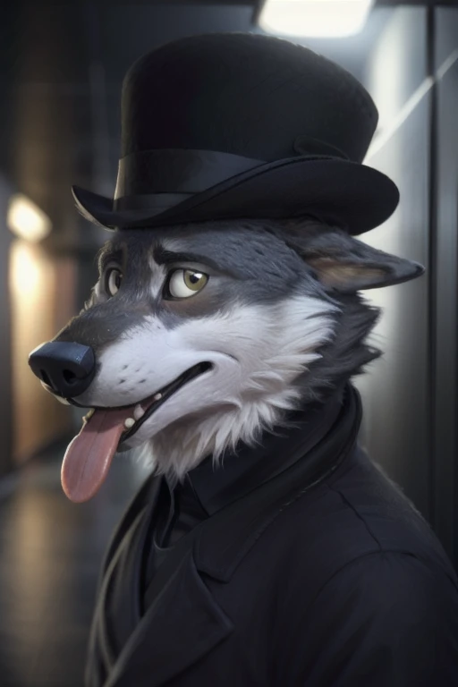 cute cartoon of a (gary \(zootopia\)) using a small black bowler hat 19th century, wearing black worker uniform, solo, wolf, white fur, tongue out, full body image, building hallway, dark sky background, high detail, film photography, soft focus, RAW candid cinema, photorealism, realistic, photorealistic, analog style, subsurface scattering, masterpiece, best quality, ultra realistic, 8k), profile picture