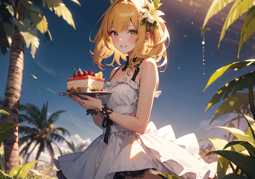 Realistic photos, Focus distance 10mm, Red and white, A big smile, Beautiful girl, Realistic photos, Focus distance 10mmで撮影, masterpiece, 最high quality, high quality, Very detailed CG 8k wallpaper unit, Award-winning photography,  Depth of written boundary, High resolution, bloom, chromatic aberration, Realistic, Very detailed, Art Station Trends, CGsociety Trends, Complex, High detail, dramatic, volumetric lighting, A beautiful girl who is the personification of a banana split cake, Yellow Hair, A dress with colorful toppings, Banana Tree