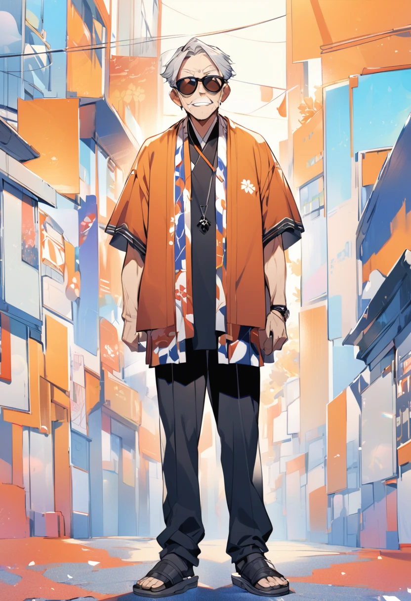 A cool 60-year-old Japanese man wearing sunglasses,background through,Standing posture