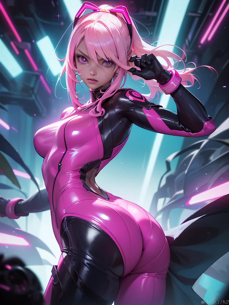 highest qualityr))、((obra maestra)、cyberpunked、large buttockss、arrodillarse、Electronic visor attached to the face of a -yeld giwith emphasis on the buttocks、Red latex body,Moda cyberpunk、Pose sexy、(Usar polainas amarillas en la parte inferior del cuerpo、Agrandamiento de los senos、Neon lights in the dark city at night,motor irreal:1.4,UHD,La mejor calidad:1.4, fotorrealista:1.4, textura de la piel:1.4, obra maestra:1.8,obra-prima, mejor calidad,(Beautiful and detailed eye description),( neon pink ciborg),(Perfect anatomy),(convexo ,Dedos detallados),ciborg latex bodysuit white,