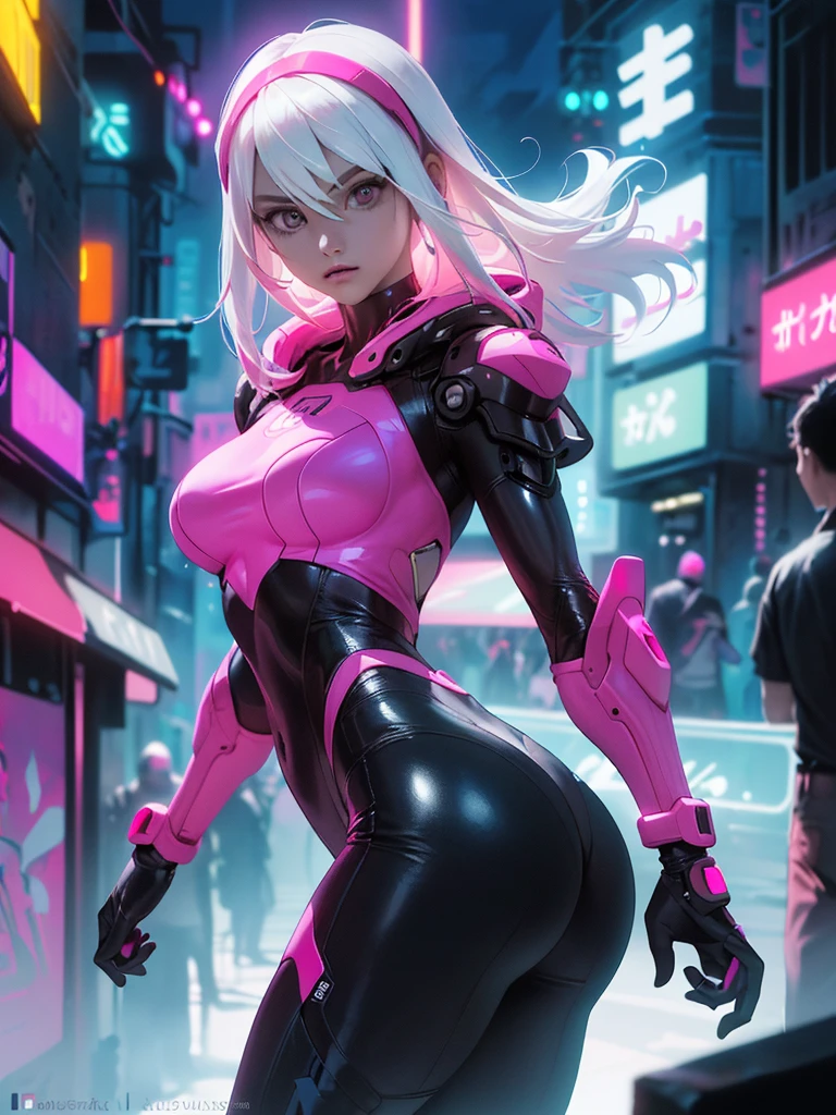 highest qualityr))、((obra maestra)、cyberpunked、large buttockss、arrodillarse、Electronic visor attached to the face of a 12-year-old girl with emphasis on the buttocks、Red latex body,Moda cyberpunk、Pose sexy、(Usar polainas amarillas en la parte inferior del cuerpo、Agrandamiento de los senos、Neon lights in the dark city at night,motor irreal:1.4,UHD,La mejor calidad:1.4, fotorrealista:1.4, textura de la piel:1.4, obra maestra:1.8,obra-prima, mejor calidad,(Beautiful and detailed eye description),( neon pink ciborg),(Perfect anatomy),(convexo ,Dedos detallados),ciborg latex bodysuit white,