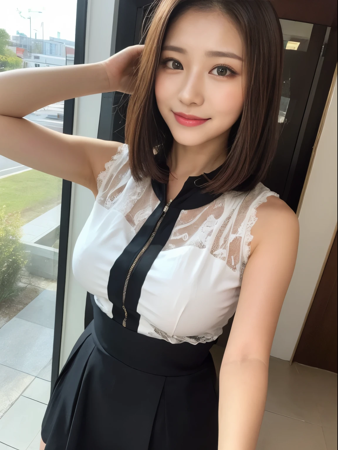 ((top-quality、8K、masuter piece:1.3))、1 female、Beautiful girl emphasized slender:1.3、(Hairstyle short)、Plain clothe:1.2、outside、hyperdetailed face、A detailed eye、Double eyelids、a smile、Korea person, (upper body), 30 years old, (((selfie))), (dress), Crying face, smiling, gentle smile, neat, droopy eyes, mini skirt, moles, (sleeveless blouse with lace),(mini skirt),(sexy clothes),(big tits:1.2)(Short hair style)(baby white shirt)(Standing along window)