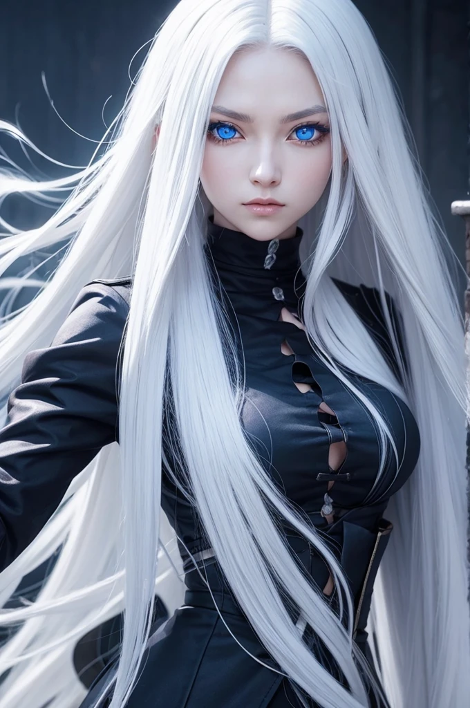 Create me a demon slayer character with long white hair and blue eyes