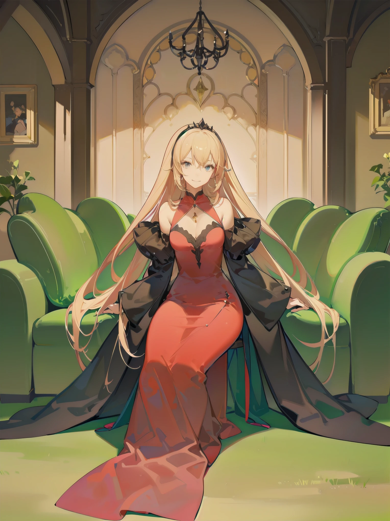 score_9, score_8_up, score_7_up, score_6_up, source_anime, 1girl, solo,  defAlexia, long hair, blonde hair, red hairband, brooch, red ballgown, puffy sleeves, frilled sleeves, looking at you, smile, sitting on throne, throne, indoors, stone walls, worried, hand to own chest