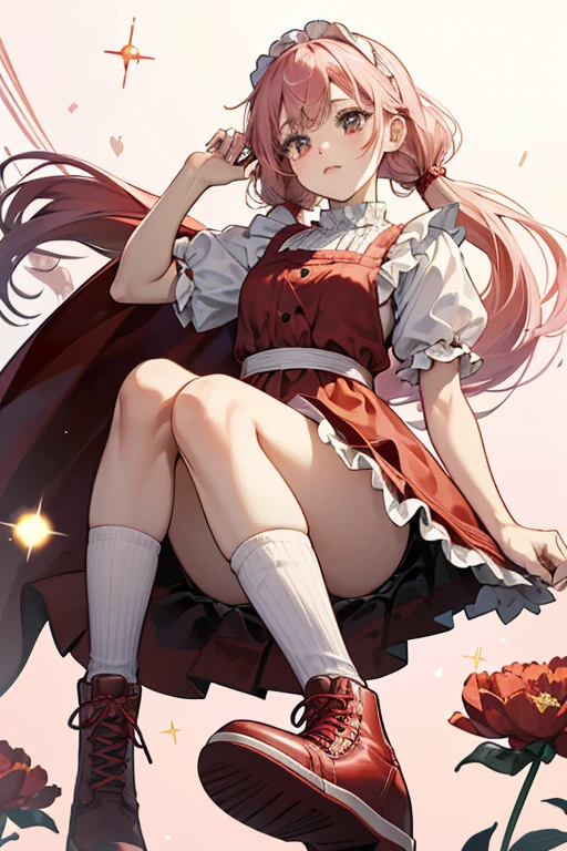 Scarlet is a light brown skinned girl with pale pink cheeks and black button eyes. She has carnation pink hair pulled back into low pigtails with a few loose bangs. Scarlet usually wears a red hood over her head along with a red cape. She wears a red and white dress with a plaid apron and white ruffles and a black vest. She also has on below the knee white socks and red sneaker boots with white laces and soles. SPARKLE; GLITTER