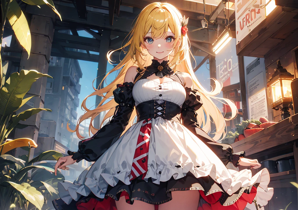Realistic photos, Focus distance 10mm, Red and white, A big smile, Beautiful girl, Realistic photos, Focus distance 10mmで撮影, masterpiece, 最high quality, high quality, Very detailed CG 8k wallpaper unit, Award-winning photography, Depth of written boundary, High resolution, bloom, chromatic aberration, Realistic, Very detailed, Art Station Trends, CGsociety Trends, Complex, High detail, dramatic, volumetric lighting, A beautiful girl who is the personification of a banana split cake, Yellow Hair, A dress with colorful toppings, Banana Tree