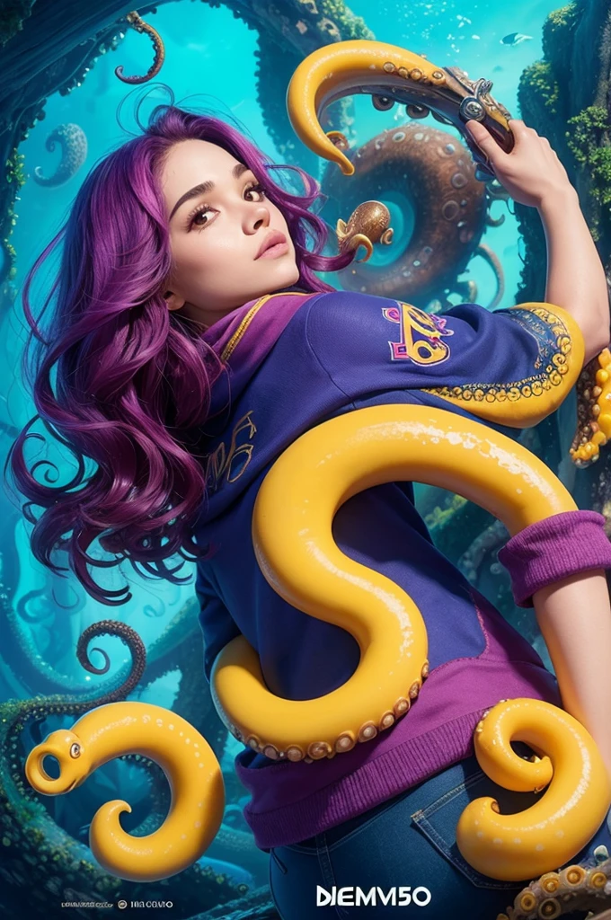 Uma logo de um filme chamado Descendants.on the title side (Descendants) make a yellow number 5 tipped with an octopus tentacle