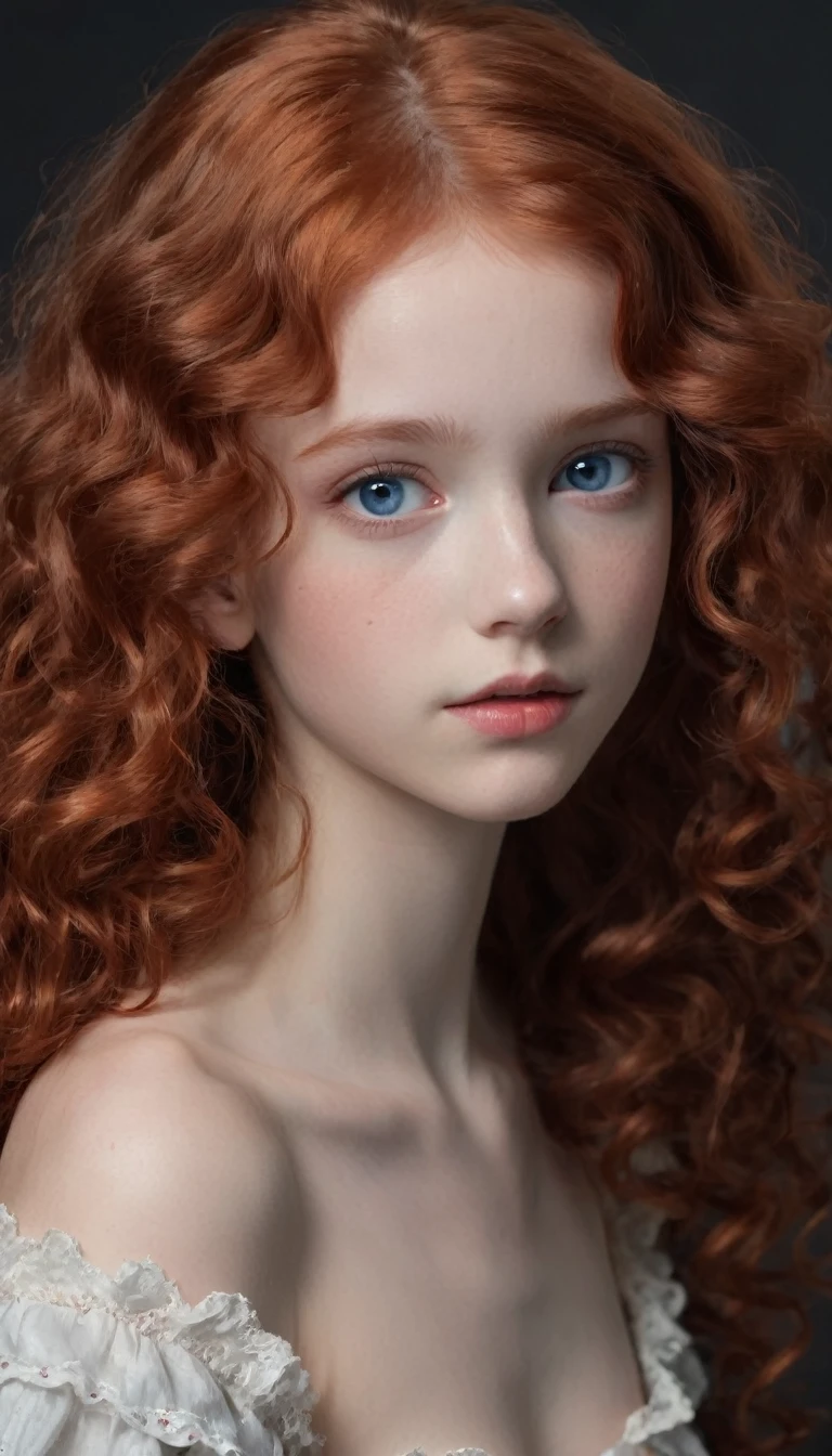 In a rococo atelier、(flat!!!! tiny!!!! chest), (6!!!!! girl), very young extremely!!!!!! pretty!!!!!!!!! beautiful!!!!!!! face, blue eyes, pale skin, Oil painting nude!!!! model, topless!!!!!!!!!!!!!!, naked!!!!!!!!!!!!!!!!!!, anorexic!!!!!!, emaciated!!!!!!!!!!!!!, very skinny!!!!!!, extremely skinny arms, (very short!!!!!!!!!!!!!!), tiny!!!!!. Highly detailed, 8K, short!!!!!!!!!, 1girll, boney!!!!!!, firered!!!!!! long wavy curly hair, redhead!!!!!!!!!!!! , (Perfect_Face), Convoluted, Dramatic Lighting, 4K, Detailed_Background, Caustics, from a_Side!!!!!, (eye contact!!!!!), (looking at camera!!!!!!). dark background.