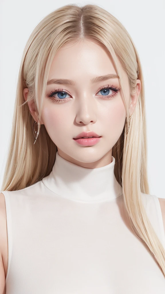 (((White background、rim light、lighting forward、High neck sleeveless、forehead、White Blonde、Blonde、White Background、whole body、Up to the waist、Upper body close-up)))、Northern Europe、Russia、beautiful girl、Platinum Blonde Hair、Straight Long Hair、Big Blue Eyes、Northern Europeの若者、Glowing Skin、Young and beautiful skin、A perfect and beautiful little face、Bright makeup、Pale pink lips、Bright expression、lipstick、Intricate details、High resolution、 Detailed features of face design、Big Breasts、face-friendly lighting