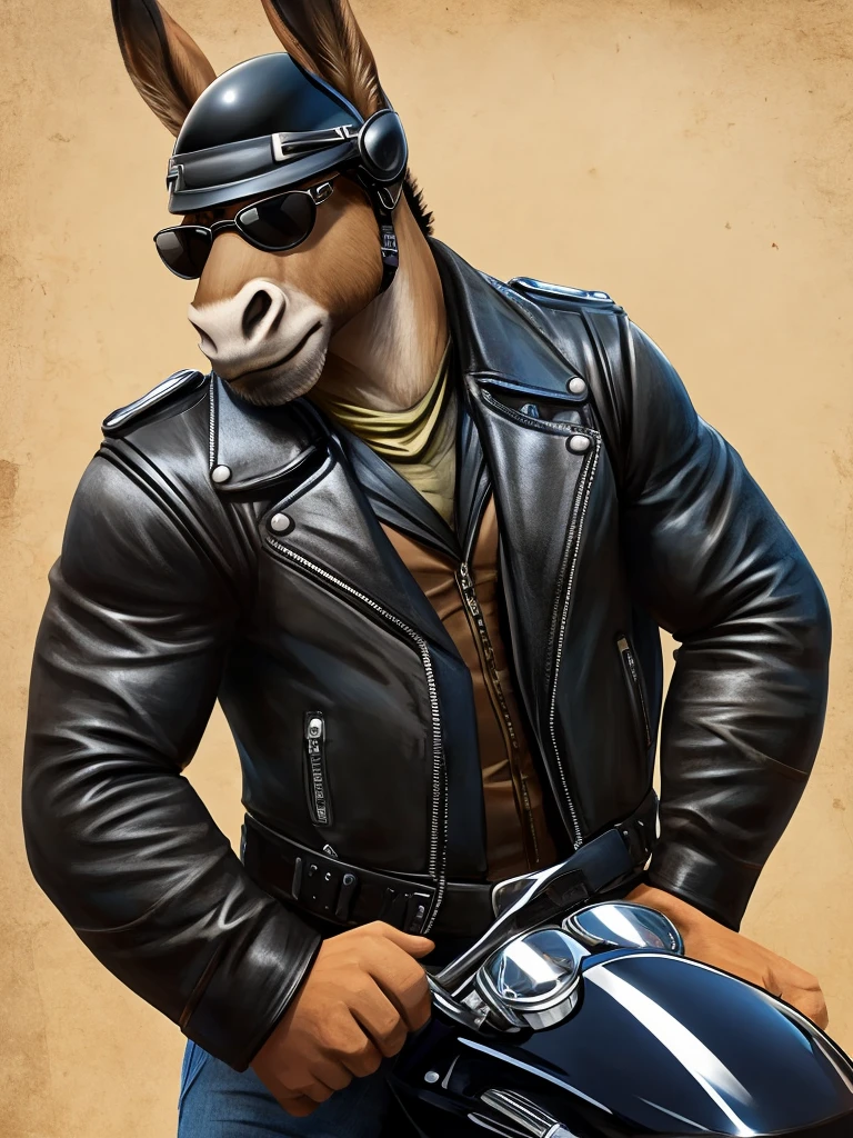 “Create an image of a donkey wearing a black leather motorcycle vest, wearing a motorcycle helmet and aviator glasses. Make sure the donkey is prominent and the vest details, helmet and glasses are clearly visible. The background must be simple to highlight the donkey and its clothing.”