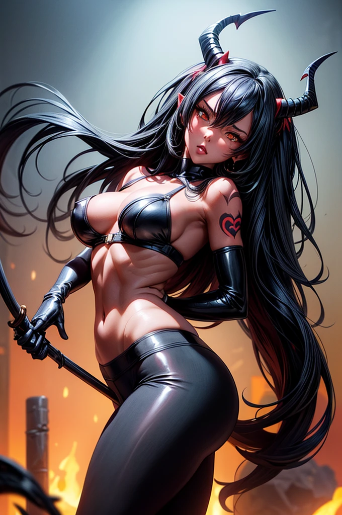 masterpiece, super detailed, high resolution, precision art, highly seductive anime girl. sexy and alluring, flawless red demonic skin, succubus, symmetrical face, beautiful olive eyes, flowing black hair, her very presence oozes seduction and allure, S-shaped body, black onyx colored horns jutting out her forehead, heart shaped tail protruding from her back, sexy and arousing slender and thin yet chiseled with enticing breasts, intricate and beautiful heart shaped tattoo engraved on her stomach, wearing spaghetti strap crop-top and form-fitting leggings that accentuate her round ass, hip-level shot
