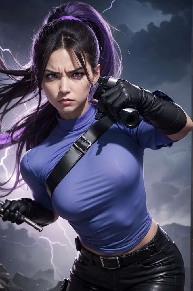 Make a purple-eyed look with a blue shirt and your hair in a ponytail, a very large glove she is holding a gun, and is angry with thunder coming out of her eyes 