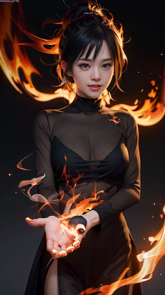 (extremely detailed CG unity 8k wallpaper),(masterpiece), (best quality), (ultra-detailed), (best illustration),(best shadow), (sharp eyeliner, eyeshadow, detailed eyes:1.1), (flames, smoke:1.3), ,BREAK, (vector:1.2), evil smile,