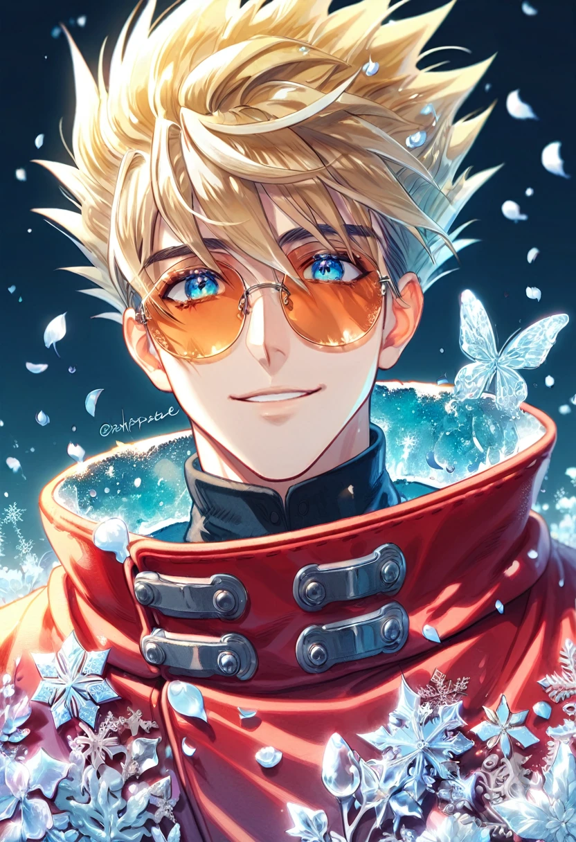 Ultra detailed, HDR, Highres, absurdres, master piece, Vash Stampede, blonde spiked hair, expressive blue eyes, amber round sunglasses, red trench coat, Trigun, handsome, ice glittering butterflies, ice, petals, ice pink glass flowers, glittering, fantasy, magical, snowflakes, cold, handsome smile, solo,