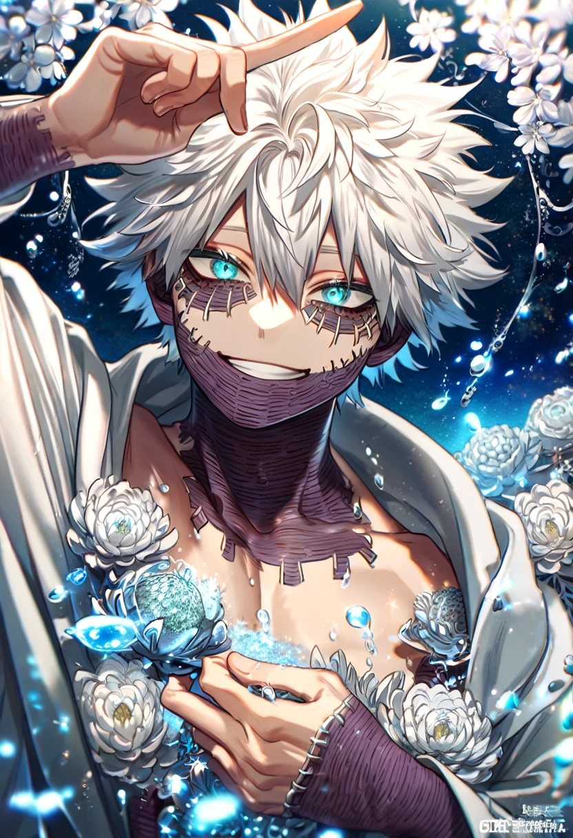 (absurdres, highres, ultra detailed, HDR) master piece, best quality, extremely detailed face, delicated features, Dabi, white hair, expressive turquoise eyes, Boku No Hero Academia, solo, sexy man, handsome, smile, white coat, bare chest, magical fantasy, glittering, sparkling, blue roses, radiant, blue sparkling fireflies, blue fire, envy magical, fantasy