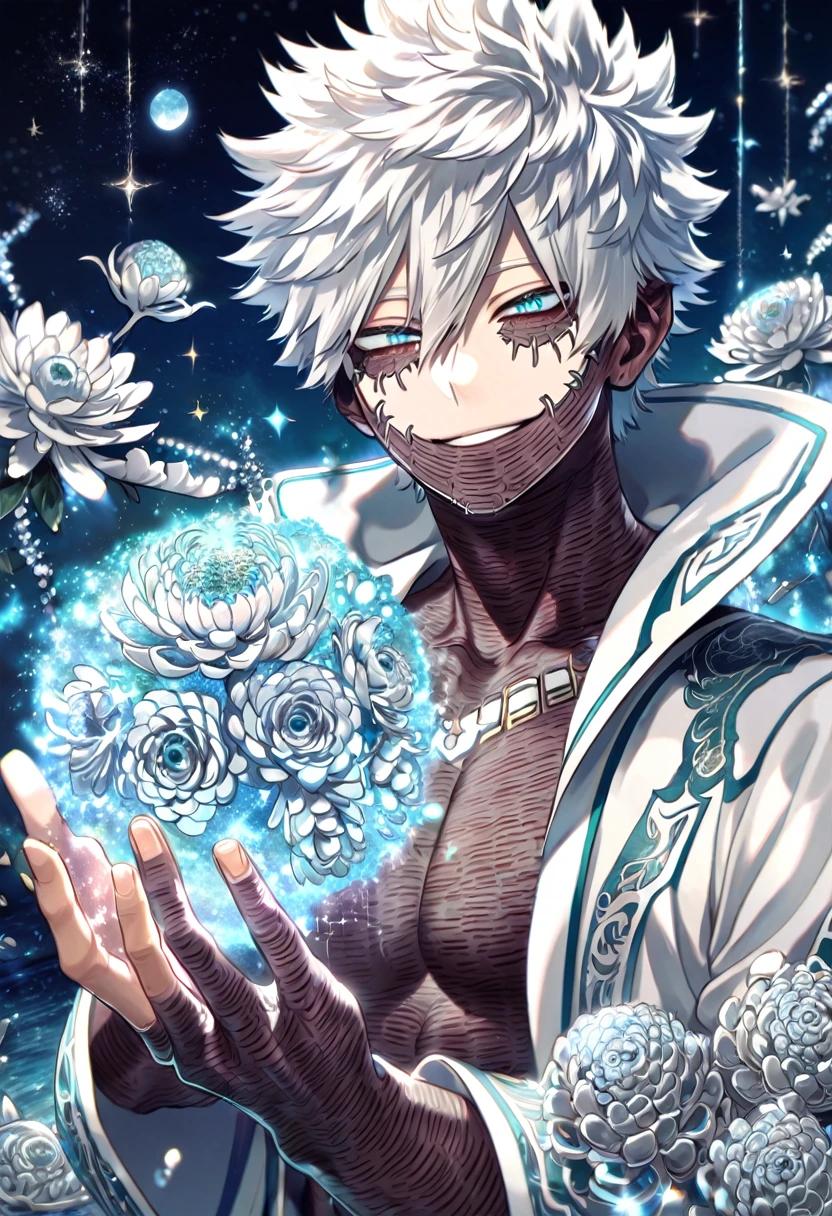absurdres, highres, ultra detailed, HDR, master piece, Merlin, white long hair, expressive purple eyes, white tunic, Fate Grand Order, sexy man, handsome, best quality, blossoms, pink petals, pink flowers, water, fantasy, magical, blue shining fireflies, solo, forest, handsome smile, toned chest, magic