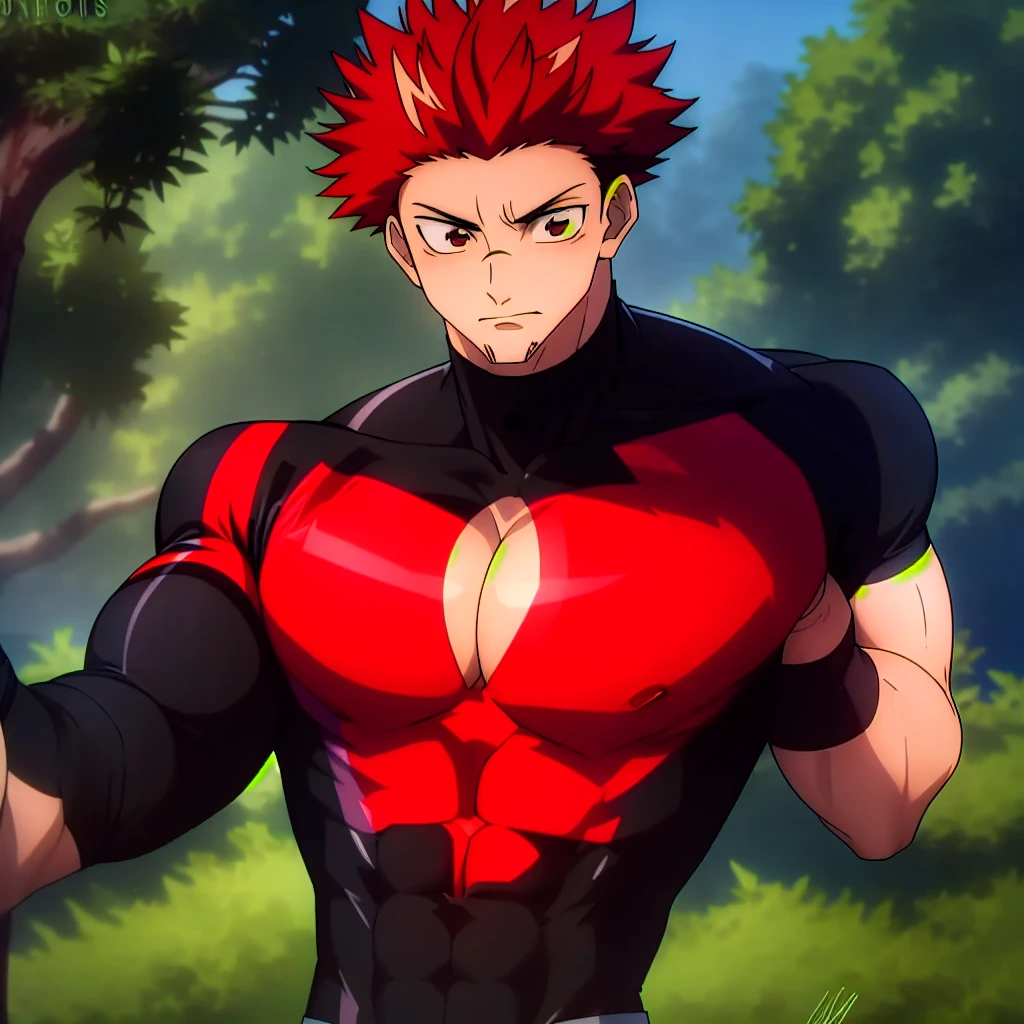 highres,High quality,(Beautiful), ((masterpiece)),vibrant colors,  solo,1boy, abs, biceps, large pectorals, male focus, manly, muscular, muscular male, pectorals, flowing red hair, spiked hair,(black shirt:1.2), black pants,