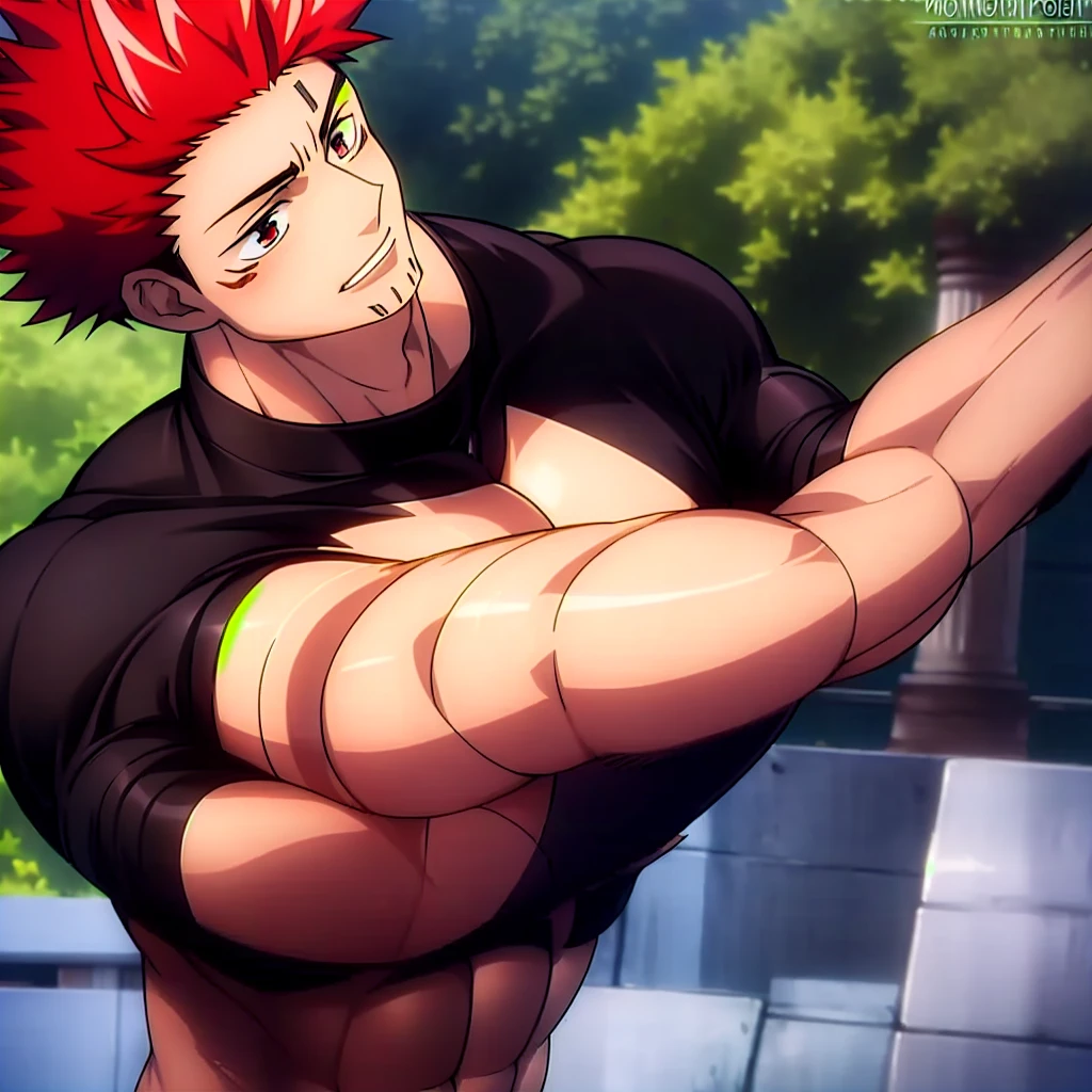 highres,High quality,(Beautiful), ((masterpiece)),vibrant colors,  solo,1boy, abs, biceps, large pectorals, male focus, manly, muscular, muscular male, pectorals, flowing red hair, spiked hair,(black shirt:1.2), black pants,