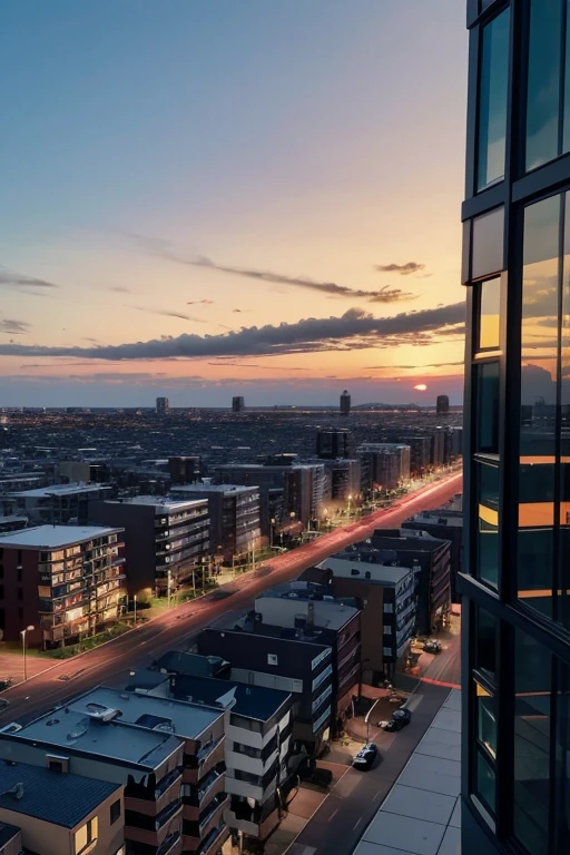 The city of Yarrosk at sunset, a view from the window of an apartment in high-rise buildings against the background of an orange and blue sky with clouds. In front are visible the silhouettes of low houses. A photo taken in the style of Sony Alpha a7 III camera using a Meike 85mm F2.8 lens. —ar 87:70 —v 6.0