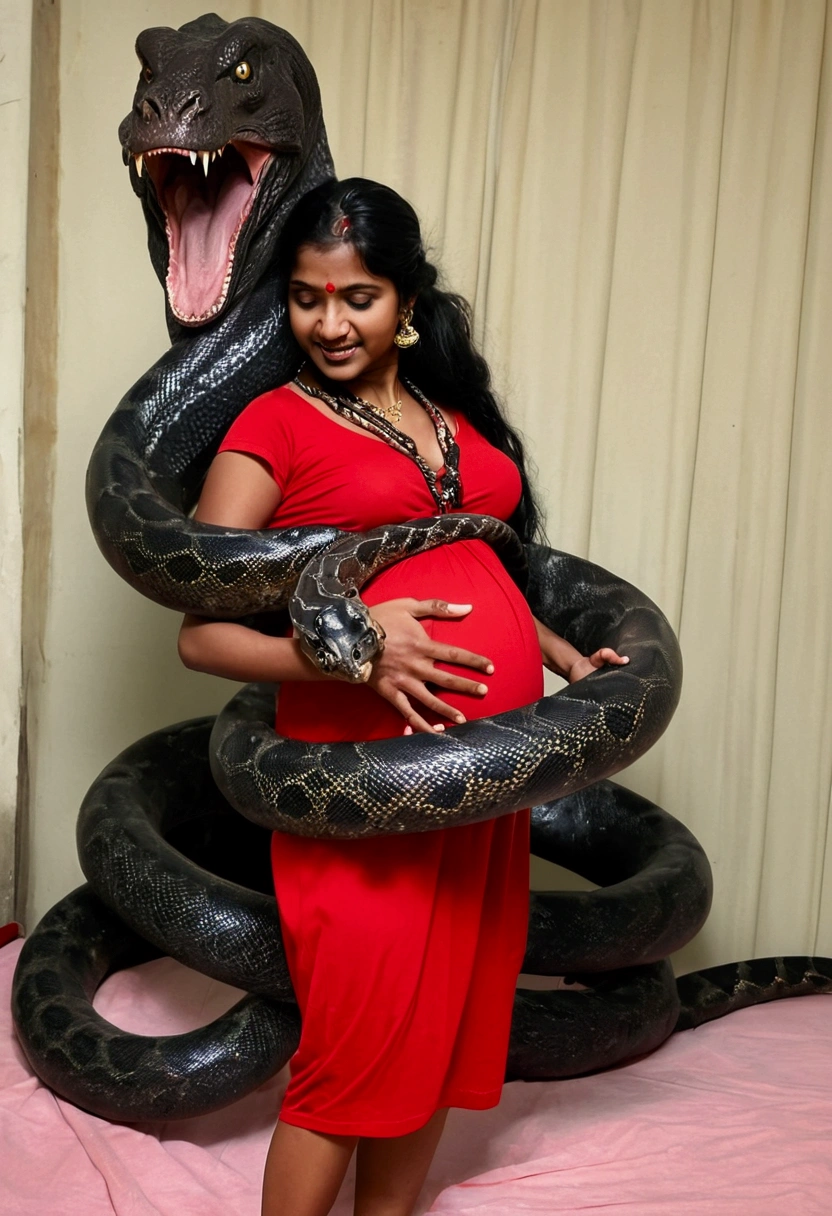 Pregnant Happy Horny, aroused 1girl), beautiful indian young girl wearing red thong with giant colossal black titanboa monster squeezing her hard, wrapped in thick spiraling coils, constricted, struggle, gasping for air, snake attack, snake peril,