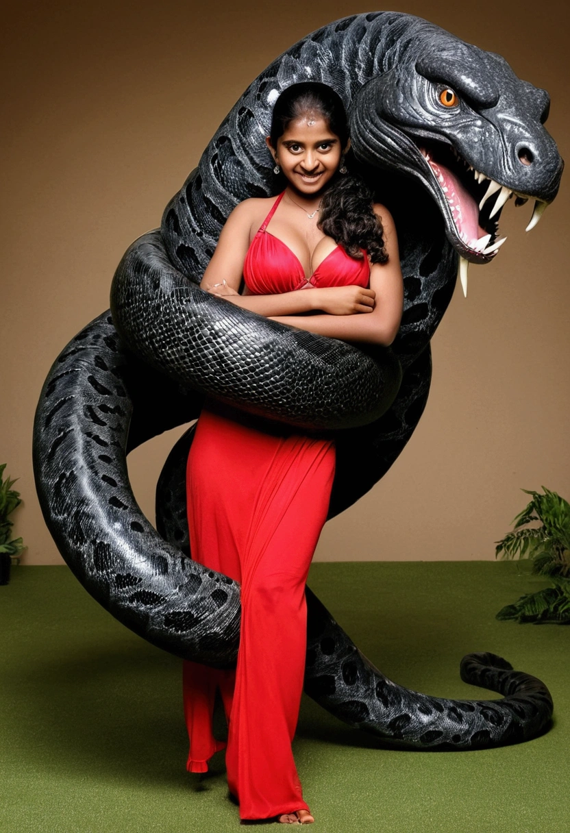  Happy Horny, aroused 1girl), beautiful indian young teen girl  wearing red thong with  giant colossal  black titanboa monster squeezing her hard, wrapped in thick spiraling coils, constricted, struggle, gasping for air, snake attack, snake peril,