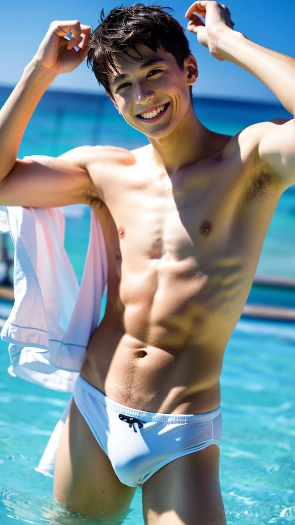 male Age 17 swimwear topless smile